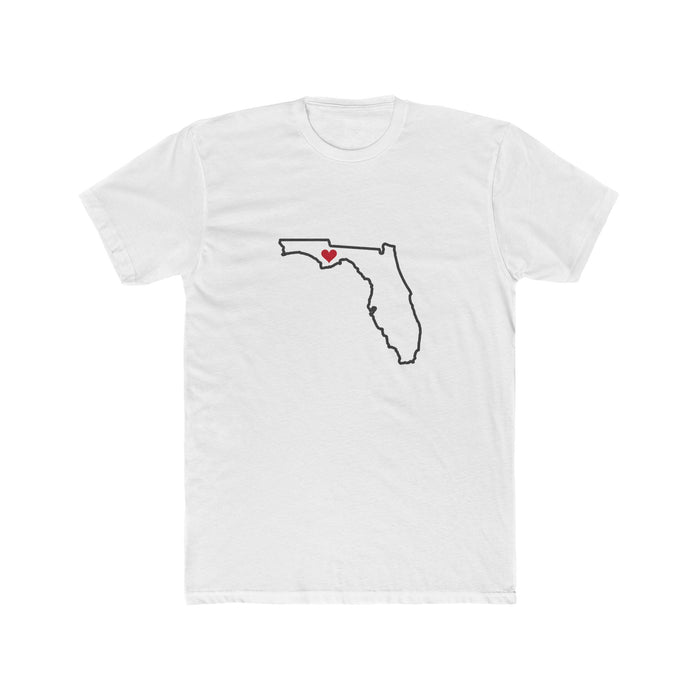 Florida Tallahassee Mission Heart Map shirt in White: Florida outline with a red heart, front view