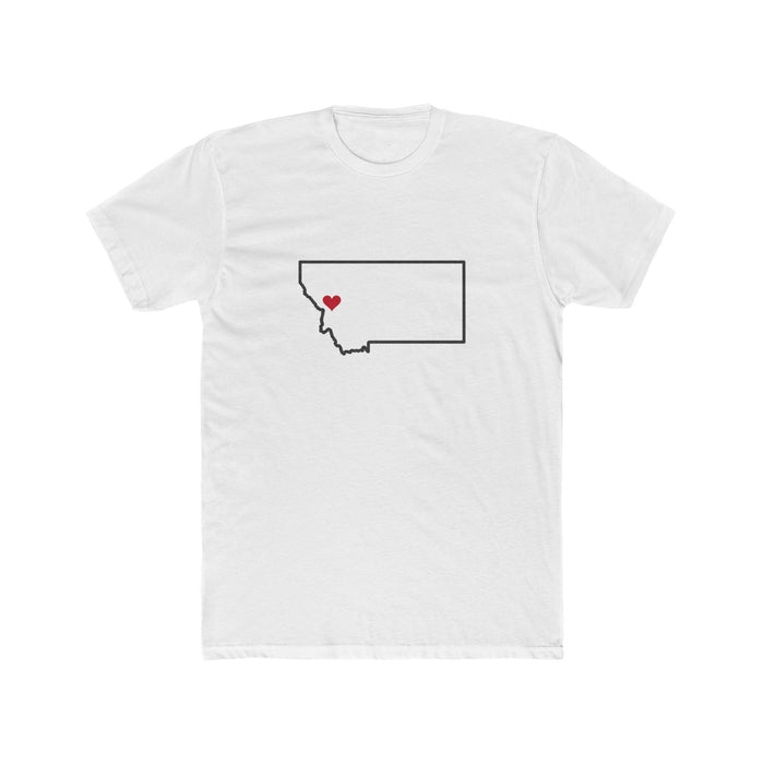Montana Missoula Mission Heart Map shirt in White: Montana outline with a red heart, front view