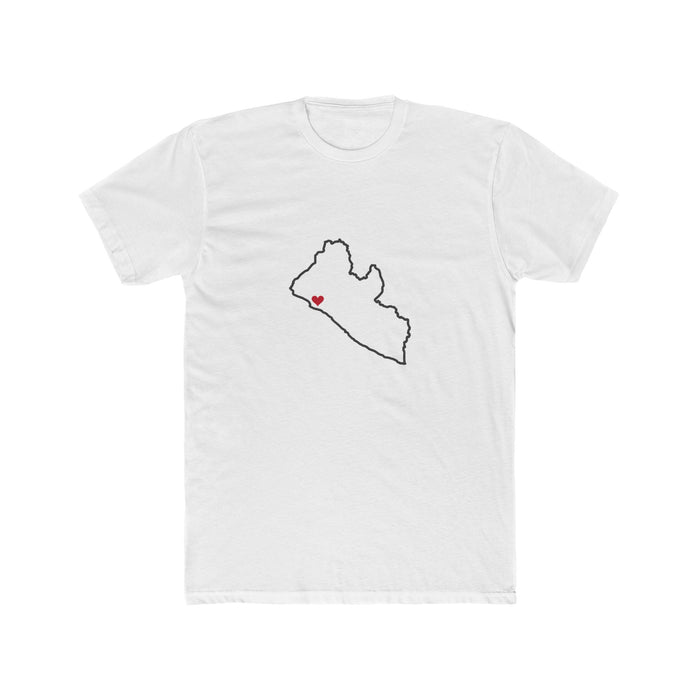 Liberia Monrovia West Mission Heart Map shirt in White: Liberia outline with a red heart, front view