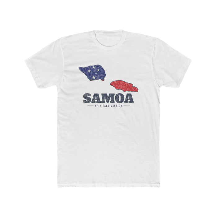 Samoa Apia East Mission Flag Map shirt in White: flag of Samoa in the outline of Samoa with navy lettering, front view