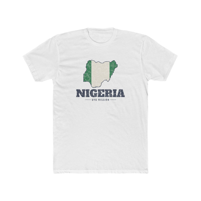 Nigeria Uyo Mission Flag Map shirt in White: flag of Nigeria in the outline of Nigeria with navy lettering, front view