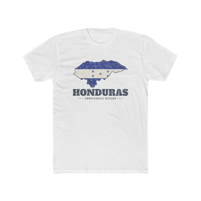 Honduras Comayaguela Mission Flag Map shirt in White: flag of Honduras in the outline of Honduras with navy lettering, front view