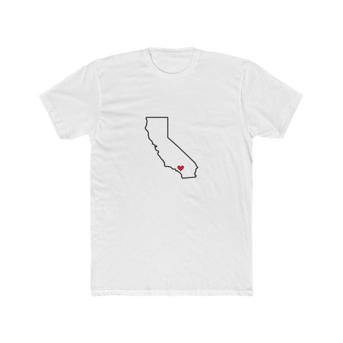 California Ontario Mission Heart Map shirt in White: California outline with a red heart, front view