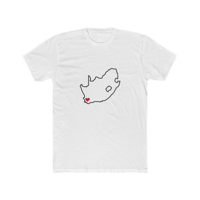 South Africa Cape Town Mission Heart Map shirt in White: South Africa outline with a red heart, front view