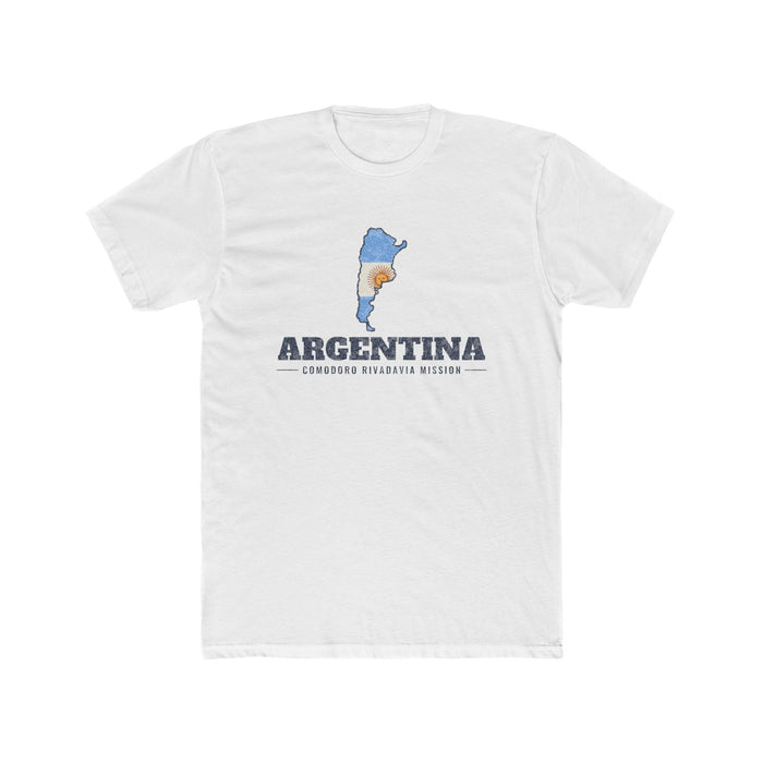 Argentina Comodoro Rivadavia Mission Flag Map shirt in White: flag of Argentina in the outline of Argentina with navy lettering, front view