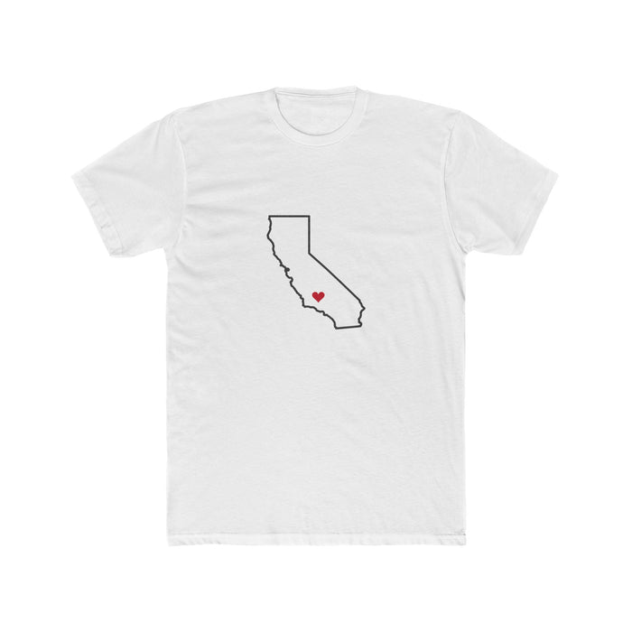 California Bakersfield Mission Heart Map shirt in White: California outline with a red heart, front view