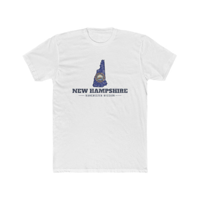 New Hampshire Manchester Mission Flag Map shirt in White: New Hampshire state flag in the outline of New Hampshire with navy lettering, front view