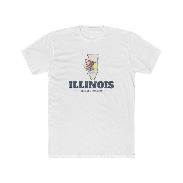 Illinois Chicago Mission Flag Map shirt in White: Illinois state flag in the outline of Illinois with navy lettering, front view