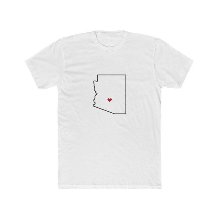 Arizona Tempe Mission Heart Map shirt in White: Arizona outline with a red heart, front view