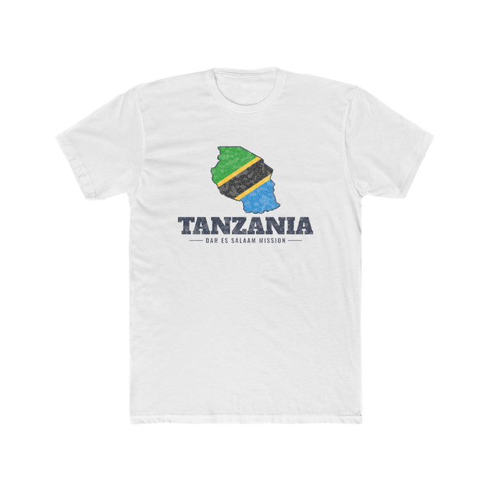Tanzania Dar es Salaam Mission Flag Map shirt in White: flag of Tanzania in the outline of Tanzania with navy lettering, front view