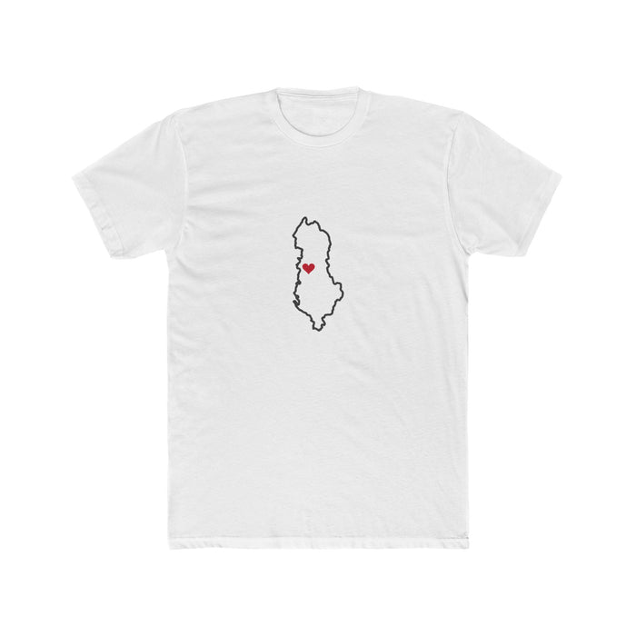 Albania Tirana Mission Heart Map shirt in White: Albania outline with a red heart, front view