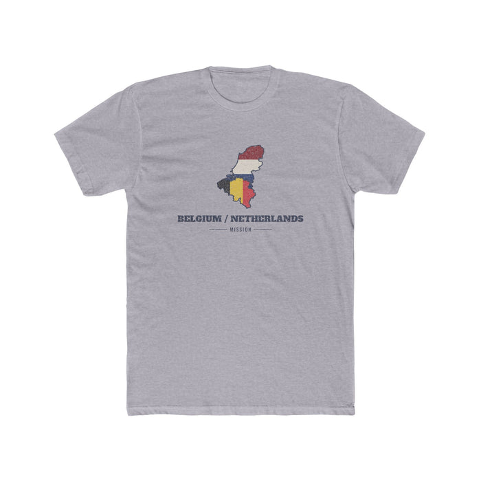 Belgium/Netherlands Mission Flag Map shirt in Heather Grey: flags of Belgium and the Netherlands in their country outlines with navy lettering, front view