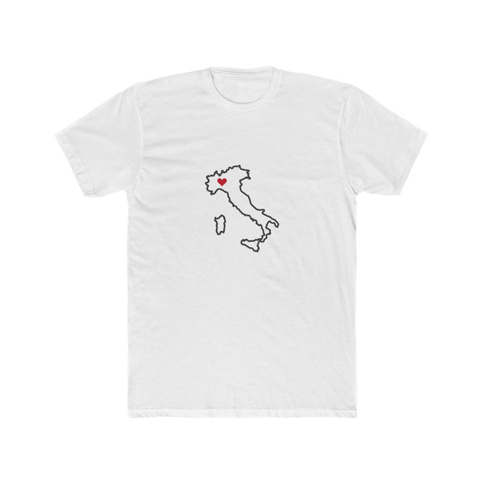 Italy Milan Mission Heart Map shirt in White: Italy outline with a red heart, front view