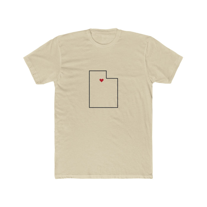 Utah Salt Lake City Mission Heart Map shirt in Cream: Utah outline with a red heart, front view