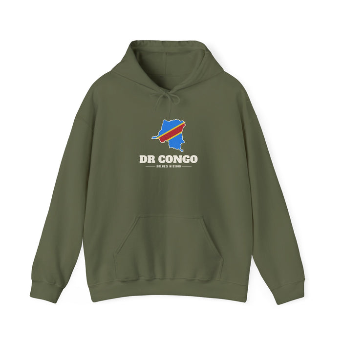 Democratic Republic of the Congo Kolwezi Mission Flag Map Hoodie in Military Green, front view with the flag map and mission name