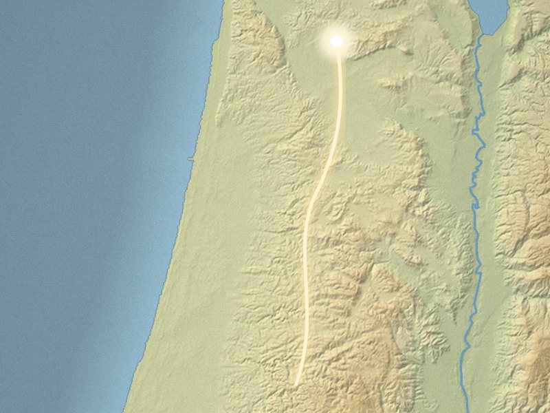 Map of the Holy Land with a glowing road from Jerusalem to Galilee