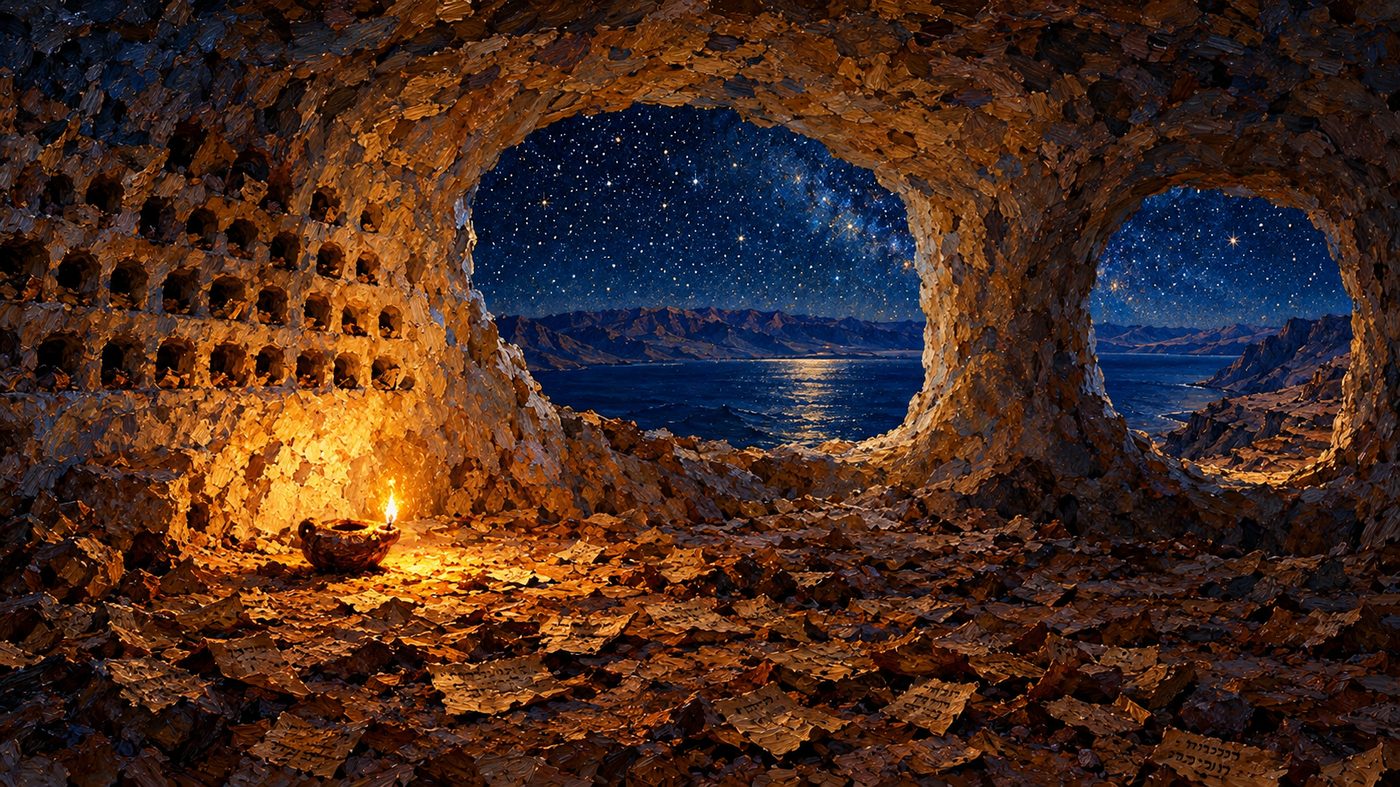 Painting: lamplight inside a cave carved from pale rock, the floor scattered with brown parchment fragments, the Dead Sea seen through two openings.