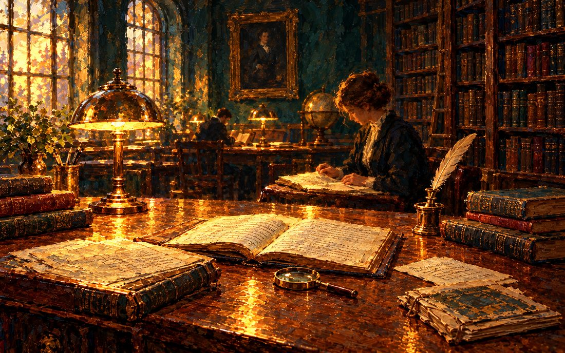 Old handwritten manuscripts and ledgers open on an archive table under a brass lamp