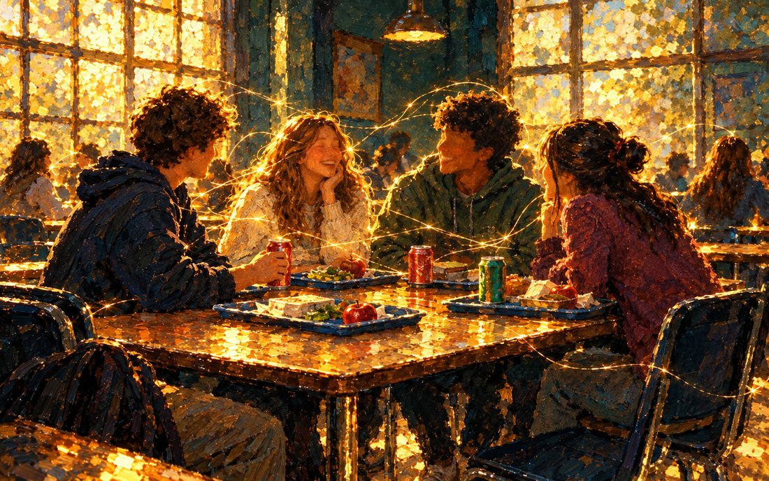 Teen friends laughing together at a cafeteria lunch table