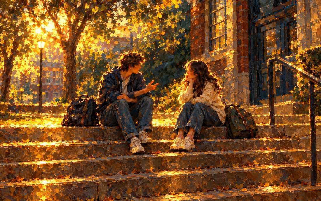 Two teenagers talking on school steps in late afternoon sun