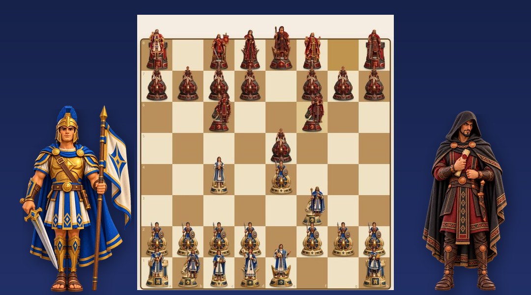 Book of Mormon Chess board with Captain Moroni and a Gadianton robber