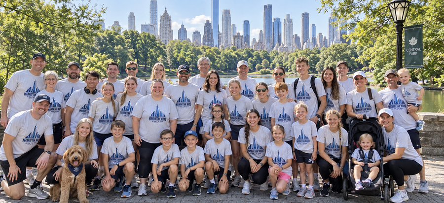 LLDS Ward members of all ages wearing matching custom 5K Run and 2K Walk t-shirts together in Central Park in New York City.