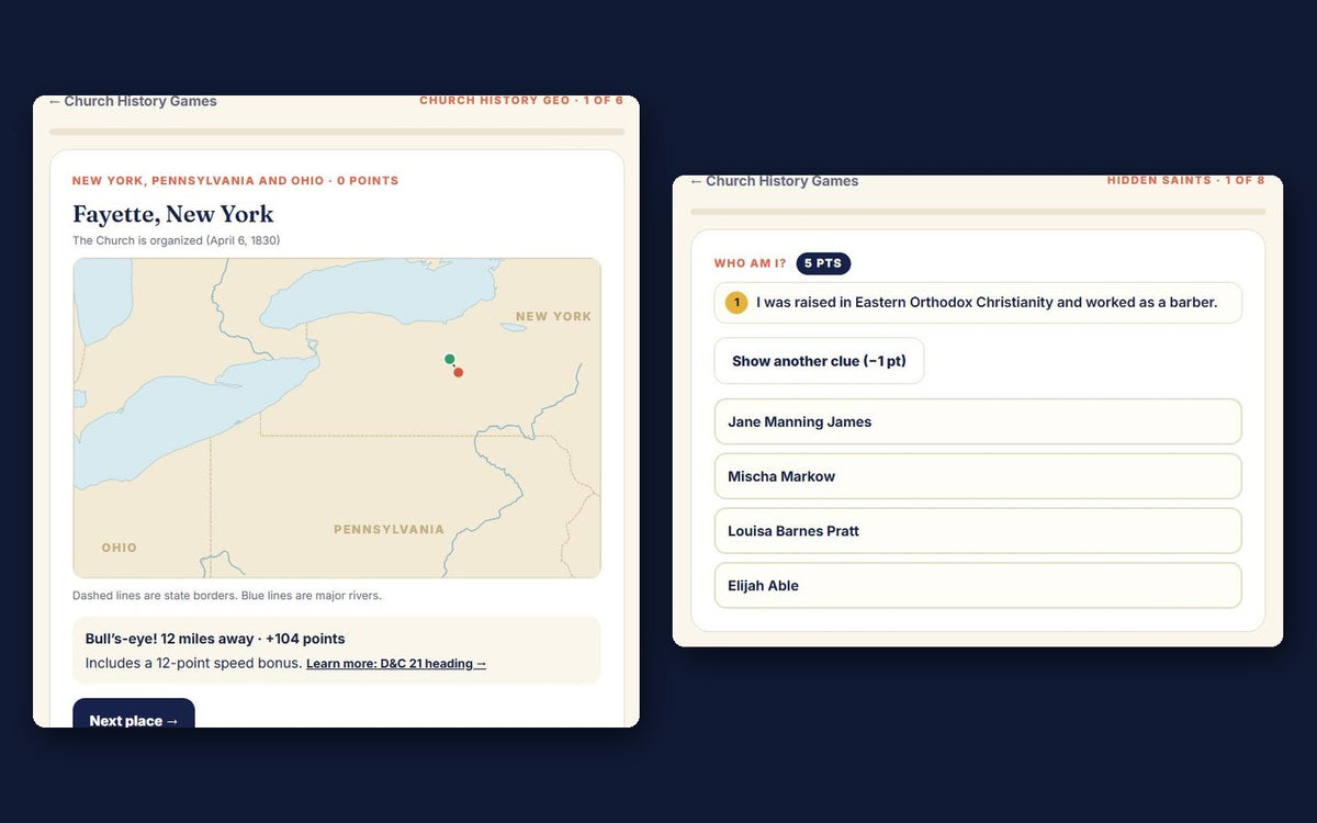 Church History Geo map game and Hidden Saints quiz