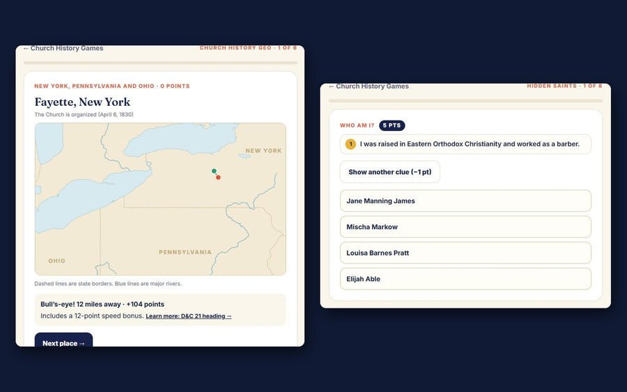 Church History Geo map game and Hidden Saints quiz