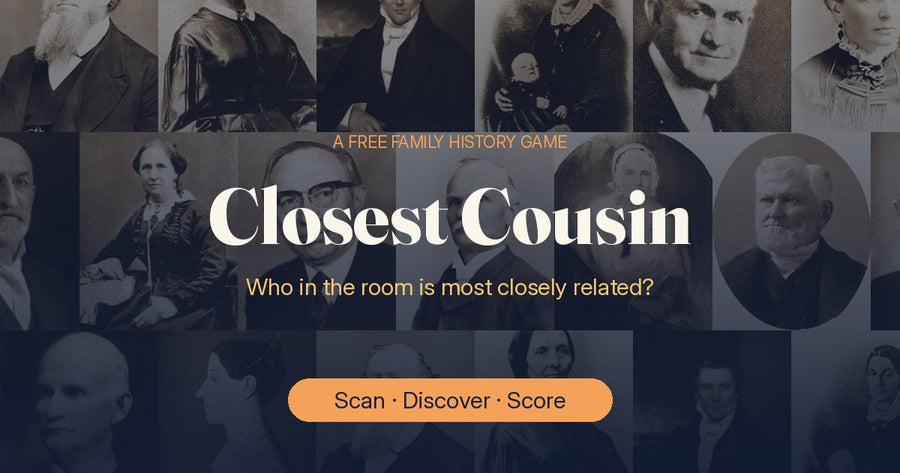 Closest Cousin, a free family history game: historical portraits of early Latter-day Saints behind the words Who in the room is most closely related?