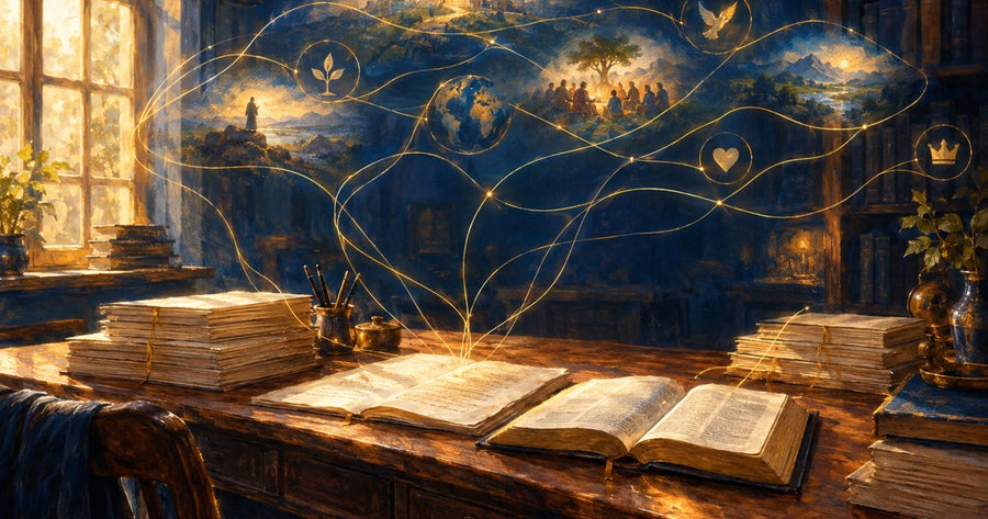 Open scriptures and stacks of conference talks on a desk, joined by threads of golden light