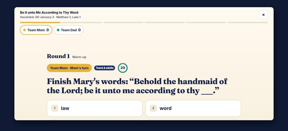Family Showdown family home evening game question about Mary in Luke 1