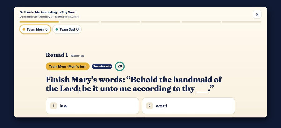 Family Showdown family home evening game question about Mary in Luke 1
