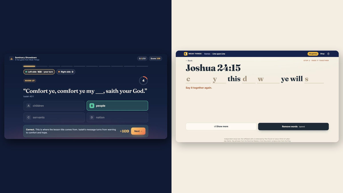Seminary Showdown on a classroom projector next to Line upon Line's fade-it-together Doctrinal Mastery screen