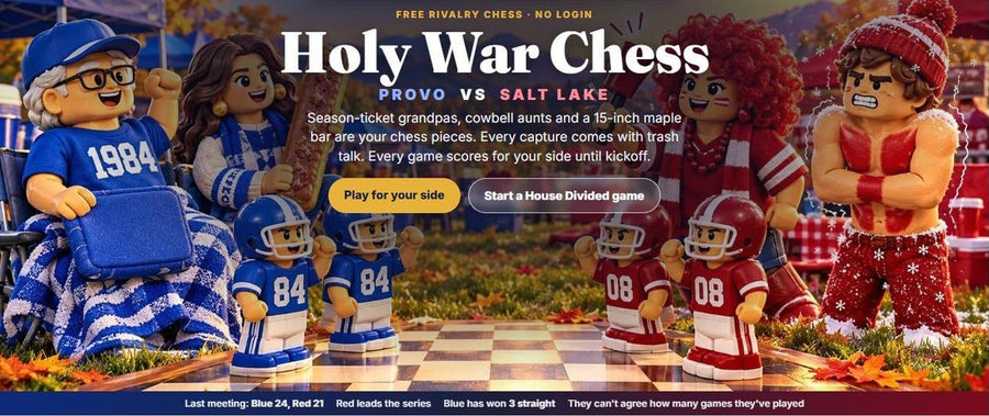 Holy War Chess hero banner with brick Blue and Red fans facing off across a chessboard at a tailgate