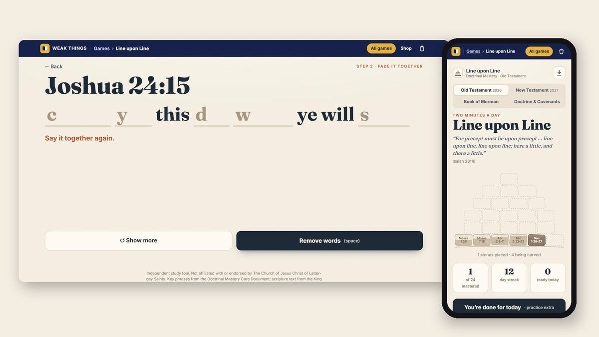 Line upon Line fading words from Joshua 24:15 on a classroom screen, and a student phone showing a 12-day streak