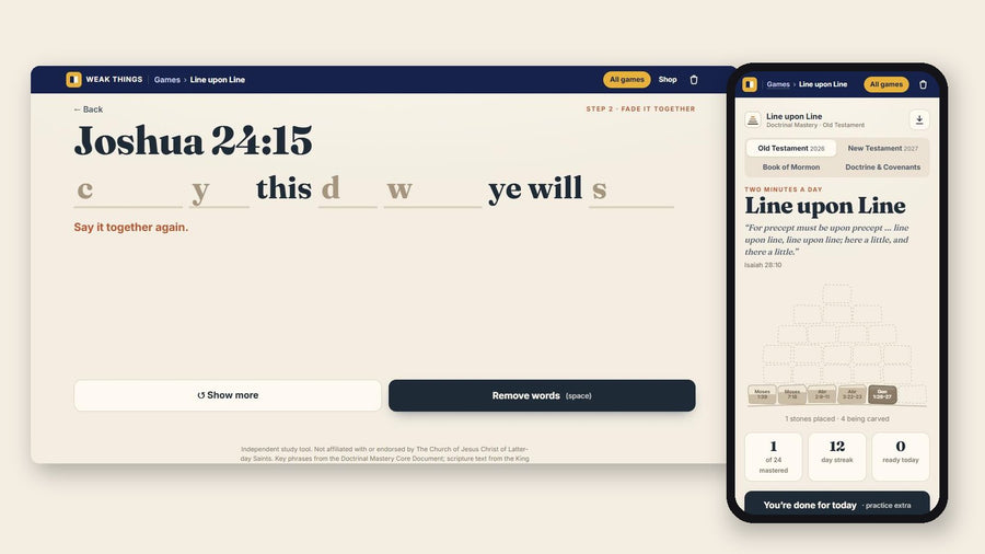 Line upon Line fading words from Joshua 24:15 on a classroom screen, and a student phone showing a 12-day streak