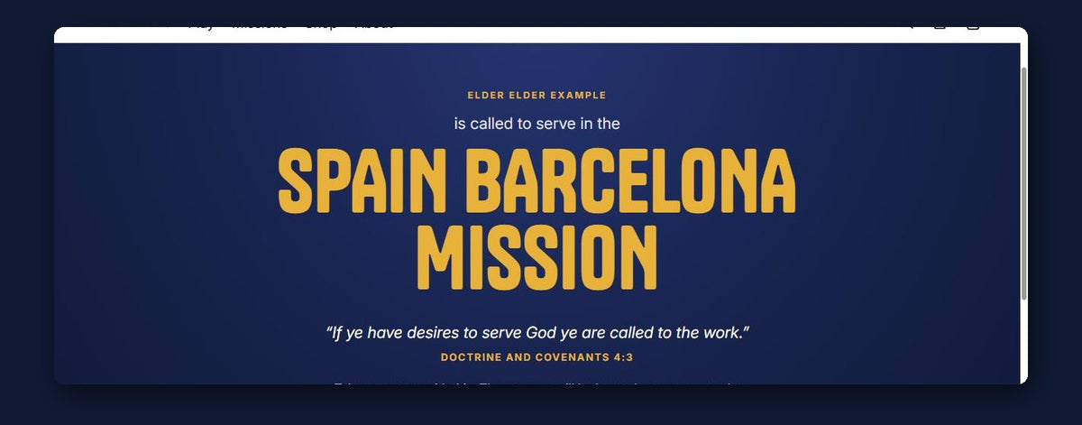 Field Revealed mission call reveal screen for the Spain Barcelona Mission