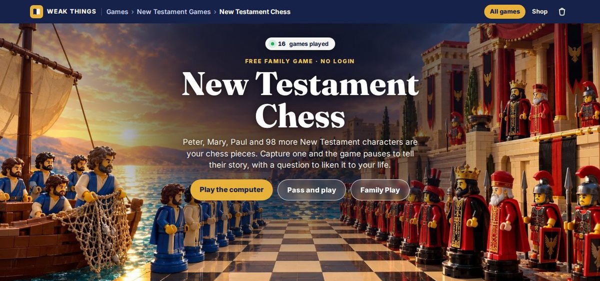 New Testament Chess title screen with brick-style pieces on a seaside chessboard
