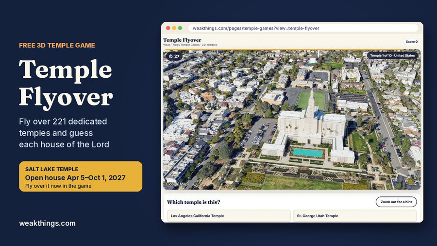 Temple Flyover game interface showing the Los Angeles California Temple from the air with answer choices