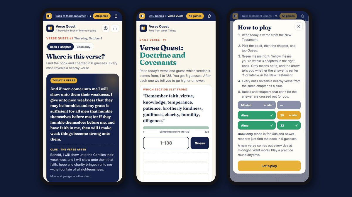 Verse Quest daily Book of Mormon scripture puzzle on a phone