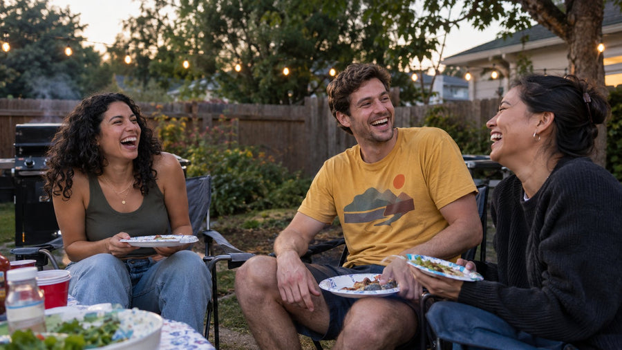 Friends laughing together at a backyard barbecue, one wearing a mustard-yellow graphic tee.