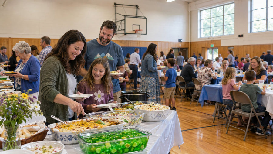 Ward potluck in a church cultural hall with folding tables, casseroles, and a green gelatin salad.