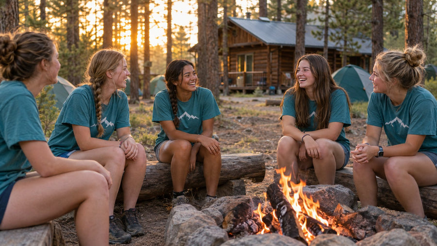 Young women in matching teal camp shirts laughing around a campfire at a pine-forest Girls Camp.