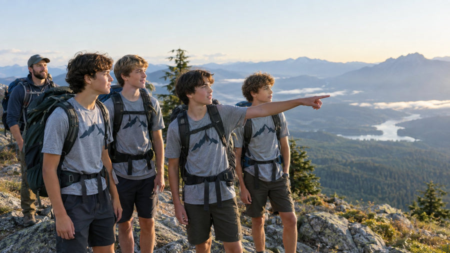 Young men in matching gray t-shirts and backpacks looking out from a mountain ridge on a high-adventure hike.