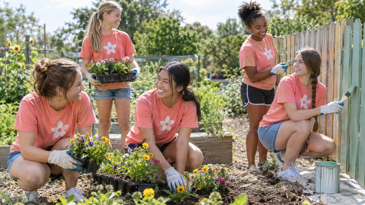 Young women in matching coral shirts planting flowers and painting a fence at a community garden service project.