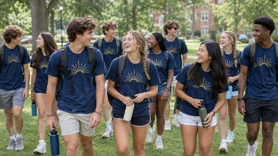 Teens in matching navy youth conference t-shirts walking together across a green campus lawn.