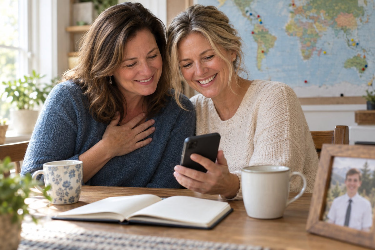 Two mothers smiling at a phone together at a kitchen table, with a missionary photo and a pinned world map nearby.