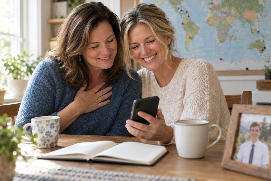 Two mothers smiling at a phone together at a kitchen table, with a missionary photo and a pinned world map nearby.