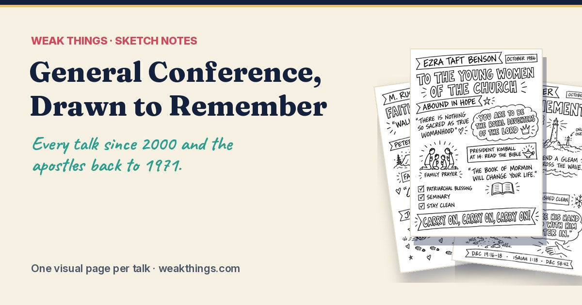 A spread of hand-drawn general conference sketch notes