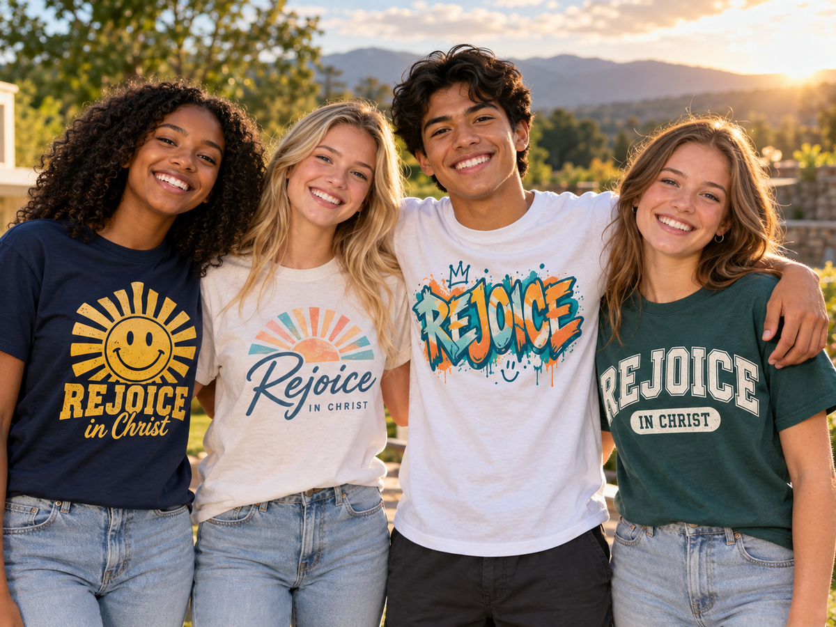 Four youth in pioneer trek clothing wearing matching Imagine Wagons group order shirts